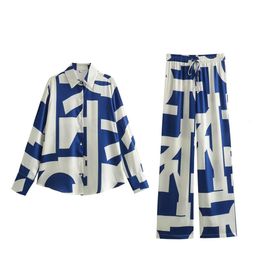 Zach Ailsa Spring Product Womens Fashion Silk Texture Printed Shirt Casual Wide Leg Straight Pants Set 240514