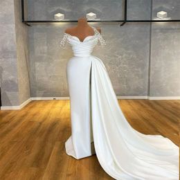 Luxury Pearls Mermaid Prom Party Dresses 2021 Spaghetti Straps Front Split White Satin Plus Size Formal Evening Occasion Robe De Soiree 265L