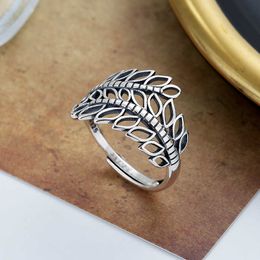 S925 silver national style hollowed out leaf ring national style trend wide index finger ring female