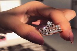 Classic Crown Ring Vintage Jewellery Real 925 Sterling Silver Round Cut White Topaz CZ Diamond Gemstones Eternity Women Wedding Hear9258746