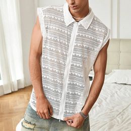 Vintage Embroidery Hollow Out Vest Shirt Men Fashion Lapel Zip-up Sleeveless Tank Tops Mens Sexy See Through Mesh Camisoles Male 240514