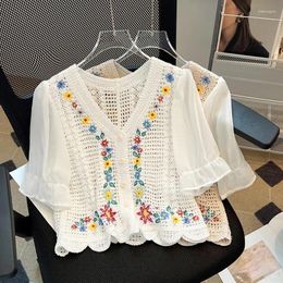 Women's Blouses Flower Embroidery Crochet Blouse With Chiffon Sleeve Button Front Cardigan Top Women Summer Hollow Out Shirt