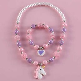 Beaded Necklaces Makersland Childrens Sweet Necklace Bracelet Set Cute Pendant Pink Purple Pearl Girl Necklace DIY Jewelry Wholesale d240514