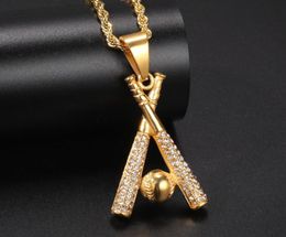 New Crystal Gold Baseball Pendant Necklaces for Mens Statement Jewellery Stainless Steel Gold Colour Baseball Necklace Charm4454779
