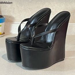 Sukeia Handmade Women Summer Platform Sandals Slip On Wedges High Heels Round Toe Black Party Shoes Ladies US Plus Size 4-15