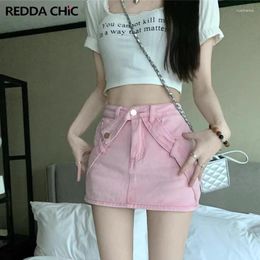 Skirts ReddaChic Sweet & Cute Deim Mini Skirt For Women Streetwear Pink Blue Jean Short Bottoms Fairycore Y2k Grunge Harajuku Clothes