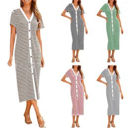 Casual Dresses Women's Short Sleeve Striped Midi Dress Decorated Buttons Ribbed Knit Party Linen