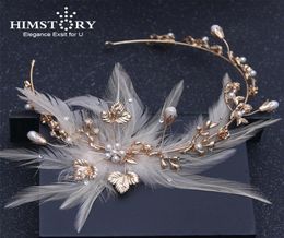 Himstory Baroque Vintage Gold Feather Crystal Pearl Headband Rhinestone Leaf Flower Hairband Wedding Hair Jewelry Accessories2071229