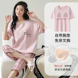 Home Clothing 2024 Summer Pure Cotton Pyjamas With Chest Pads Women's Short Sleeved Capris Loose All Fury Set