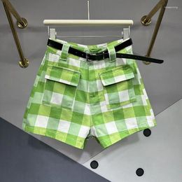 Women's Shorts 2024 Summer European Goods High Waist Slimming Denim Women Green White Large Plaid Printed A- Line Wide Leg