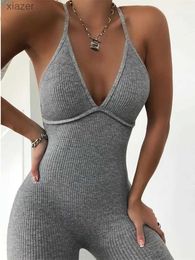 Women's Jumpsuits Rompers Kliou V-neck tight and sexy jumpsuit womens summer hollow party dress strapless and sleeveless street clothing backless fitness set WX