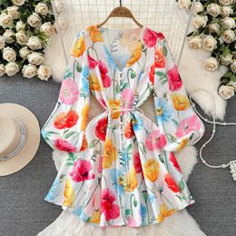 Casual Dresses Bodycon Dress V Neck Lantern Sleeve Button Printing A-line For Women Belt Lace-up Spring Vestidos Mujer Fashion Dropship