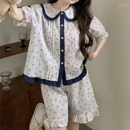 Home Clothing Limiguyue Korean Contrast Colour Women Pyjama Set Short Sleeve Doll Collar Sleepwear Summer Sweet Cherry Print Clothes S499