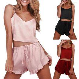 Home Clothing Women's Sexy Satin Sling Sleepwear Nightgown Sleepshirts Women Solid Colour V Neck Camisole Top Ruffled Shorts