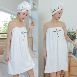 Towel 2024 Coral Fleece Embroidered Bath Skirt And Shower Cap Set Thickened Absorbent Wearable Tube Top Dry Hair Women