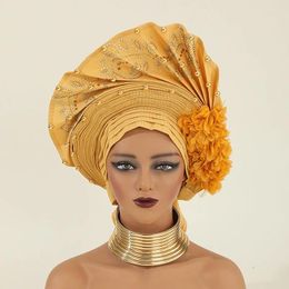 Ethnic Clothing African Auto Gele Headtie Turban Cap For Women Hat Already Made 2024 Aso Oke Wedding Bonnet Head Wrap Hijab Flower Beaded