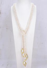 GuaiGuai Jewellery 3 Strands Natural Cultured White Rice Pearl Pearl Lariat Long Sweater Chain Necklace Handmade For Women Real Gems5431372