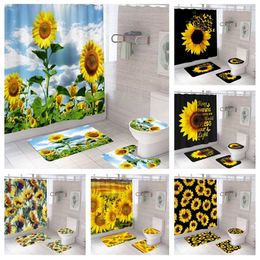 Shower Curtains Sunflower Curtain Set With Bath Mats Bathroom Toilet Lid Cover Flower Black Anti-slip Carpet Mag Home Decoration 4 Pcs