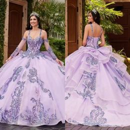 2023 Sparkle Sequin Lavender Quinceanera Dresses Ball Gowns Dual Straps With Detachable Sleeves Plus Size Formal Prom BC15049 GW0210 278Q