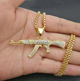 Hip Hop Rhinestones Paved Bling Iced Out Gold Silver Colour Stainless Steel AK 47 Gun Pendants Necklace for Men Rapper jewelry8136423