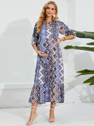 Casual Dresses Elegant Women's Front Neck Lace Up Loose Pregnant Women Spring Summer Maxi Dress Printed Chiffon Fashion Beach Skirt