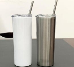 DIY mug 20oz Sublimartion Straight tumblers with Steel Straw Rubber Bottoms Stainless tumbler Coffee Sublimation Blanks Water Bott2968518