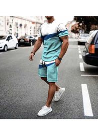 Men's Tracksuits Summer Mens T-Shirt Set Color Stripe Splicing Sportswear Extra Large Summer T-Shirt Shorts Casual Mens Clothing Y240508