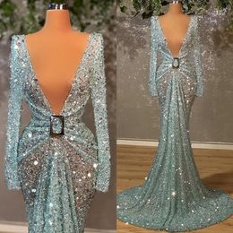 Light Blue Sparkly Sequined Mermaid Evening Dresses African Bling Bling V Neck Long Sleeve Party Gowns Aso Ebi Prom Dress 269N