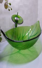 Bathroom tempered glass sink handcraft counter top leafshaped basin wash basins cloakroom shampoo vessel HX0155410668