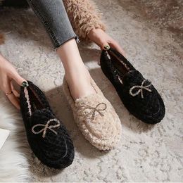 Casual Shoes Crystal Metal Bow-knot Fur Flats Woman Plaid Warm Plush Loafers Wool Moccasins Thick Soled Winter Women 2024 Big Size34-43