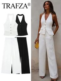 TRAFZA Women Fashion Solid Pant Suit Halter Single Breasted Sleeveless Blazer Vest Top Zipper Fly Trousers Office Lady Sets 240514