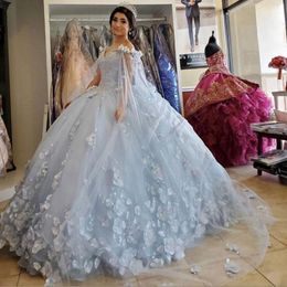 Light Blue Quinceanera Dress with cape wrap 2021 Off Shoulder Flowers Sequins Beads Puffy Party Princess Sweet 16 Gown Vestidos De 15 A 3076