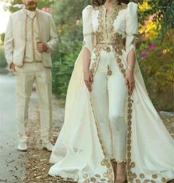 Party Dresses Vintage Moroccan Kaftan Jumpsuit PProm With Gold Appliques Arabic Dubai Bride Reception Gown Evening Wear Pant Suit