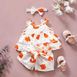 Clothing Sets 3-24 Months Summer Baby Clothes Girls Yellow Duck Printed Newborn Outfits Front Bow Sling Vest Tops+Shorts Toddler Girl Clothes