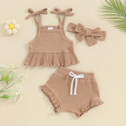 Clothing Sets Born Baby Girls Ruffled Suit Sleeveless Tank Top Elastic Short Pants Headband Toddler Casual Summer Tracksuits