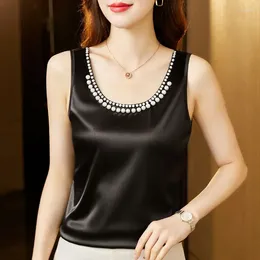Women's Tanks 2024 Summer Solid Color Round Neck Beading Sleeveless Fashion Commute Loose All-match Pullover Camisole Tops
