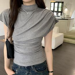 Women's T Shirts Ladies Elegant Half High Collar Pleated Short Sleeve Shirt Women 2024 Spring Summer Fashion Slim Tee Woman Tops