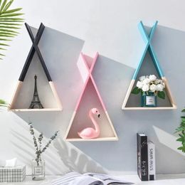 Decorative Plates Nordic X Triangle Wooden Shelf Wall For Kids Girls Baby Nursery Room Triangles Storage Holder Rack Decor Crafts
