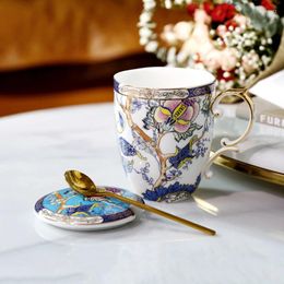 Mugs 400ml Luxury High-Grade Bone China Chinese Style Tea Cup With Lid Spoon Ceramic Flower Bird Mug Drinkware Gifts