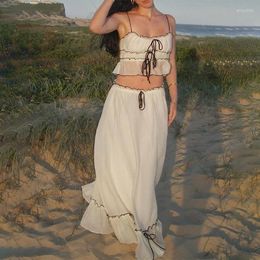 Work Dresses Xeemilo Elegant Summer Two Piece Y2K Aesthetic Lace One Line Neck Pleated Suspended Tank Top And Loose Beach Skirt Set