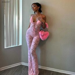 Women's Jumpsuits Rompers Sexy lace bandage jumpsuit all-in-one set 2024 womens jumpsuit summer club elegant tight fitting suit luxury tight fitting suit WX