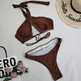 Women's Swimwear Sexy Halter Bandage Bikini String Backless Swimsuit Hollow Out Micro Thong Women Two Piece Brazilian Beach Bathing Suit