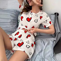 Home Clothing Women's Heart Print Pajama Set - Soft Comfortable Loungewear With Short Sleeve Crew Neck Top And Shorts Sleepwea