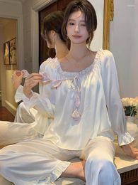 Home Clothing French Women Pajama Silk Nightwear Spring Summer Sweet Girls Long Sleeve Fairy Ruffles Top Pants Two Piece Set