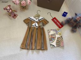 Top Princess dress Scarf collar design baby skirt Size 90-140 CM kids designer clothes Checker design girls partydress 24April