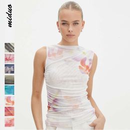 New digital printed summer mesh patchwork with unique pleated vest, elegant style, slim fit, pure desire top F51424