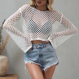 Crochet knitted crop top womens bikini top long sleeved round neck knitted floral top casual hollow smoking 5 Colours 240506