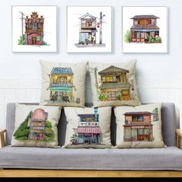 Pillow Japan Style Design Cover Cartoon Building House Print Pillowcase 45 Beige Linen Pillows Covers Home Decor