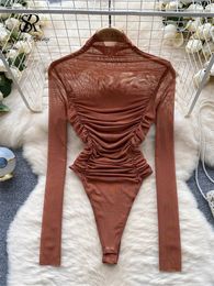 SINGREINY Autumn Mesh Basic Top Women Turtleneck Long Sleeve Ruched Open Crotch Slim Playsuits Fashion Sheer Sexy Bodysuits 240514