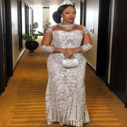 Aso Ebi Arabic Stlye Silver Long Sleeves Mermaid Lace Evening Dresses 2022 Beaded Appliques High Neck Plus Size Sweep Train Prom Gowns 229V